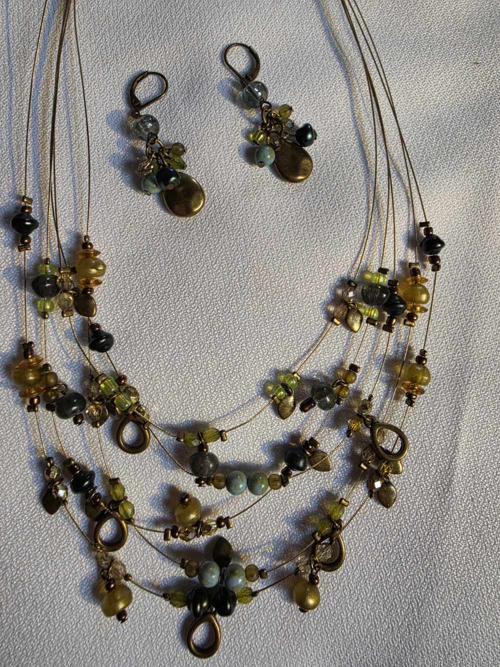 Chico's Multi-Strand Olive Green and Gold Bead Necklace with Earrings
